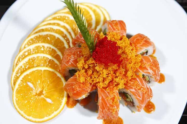 Orange Blossom roll fanned with salmon and orange slices