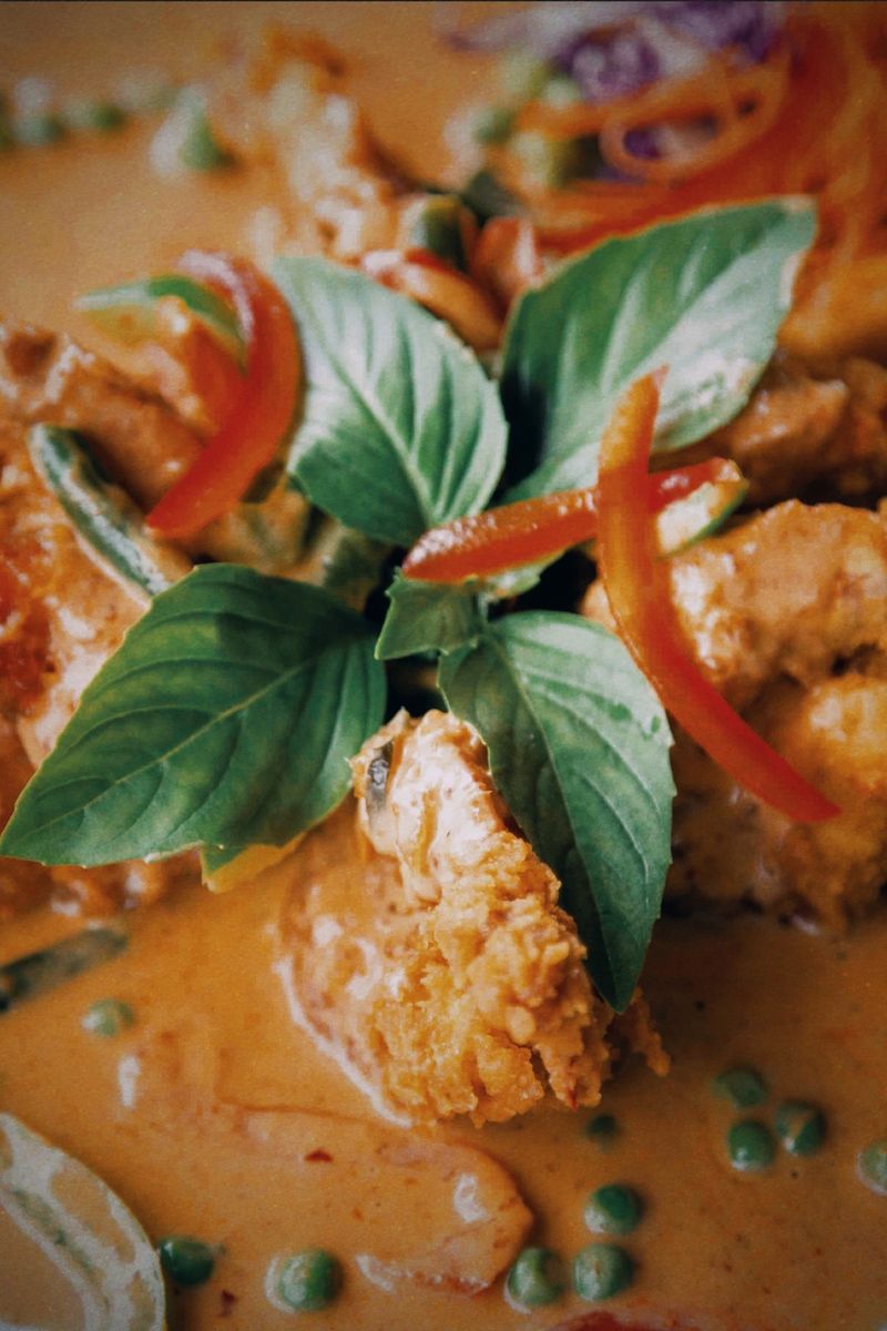 Close-up of a coconut curry with basil leaves and red chili