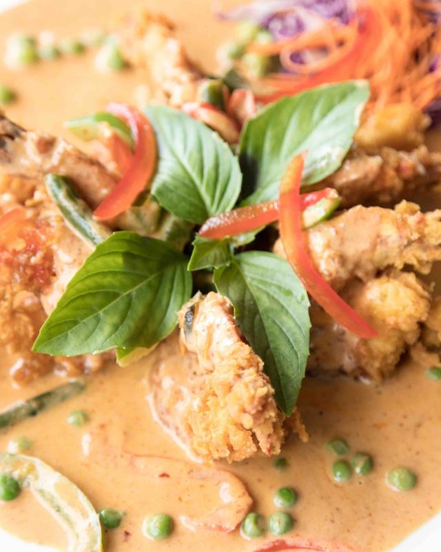 Panang prawns in coconut curry with basil